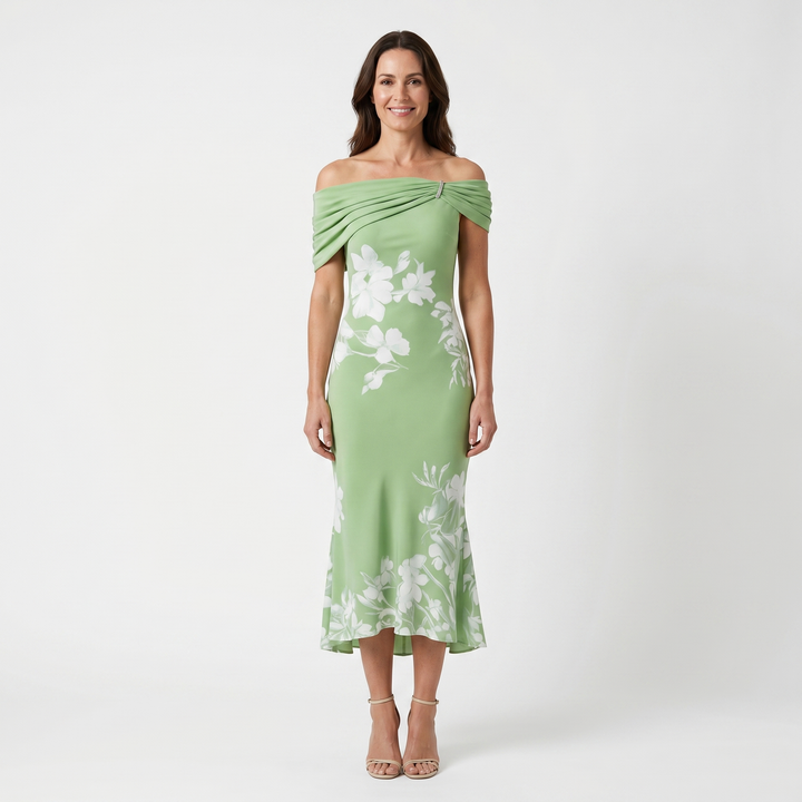 Schulterfreies Satin-Midikleid für Damen