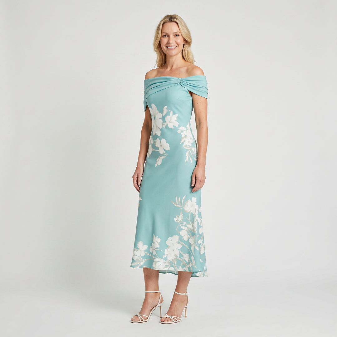 Schulterfreies Satin-Midikleid für Damen