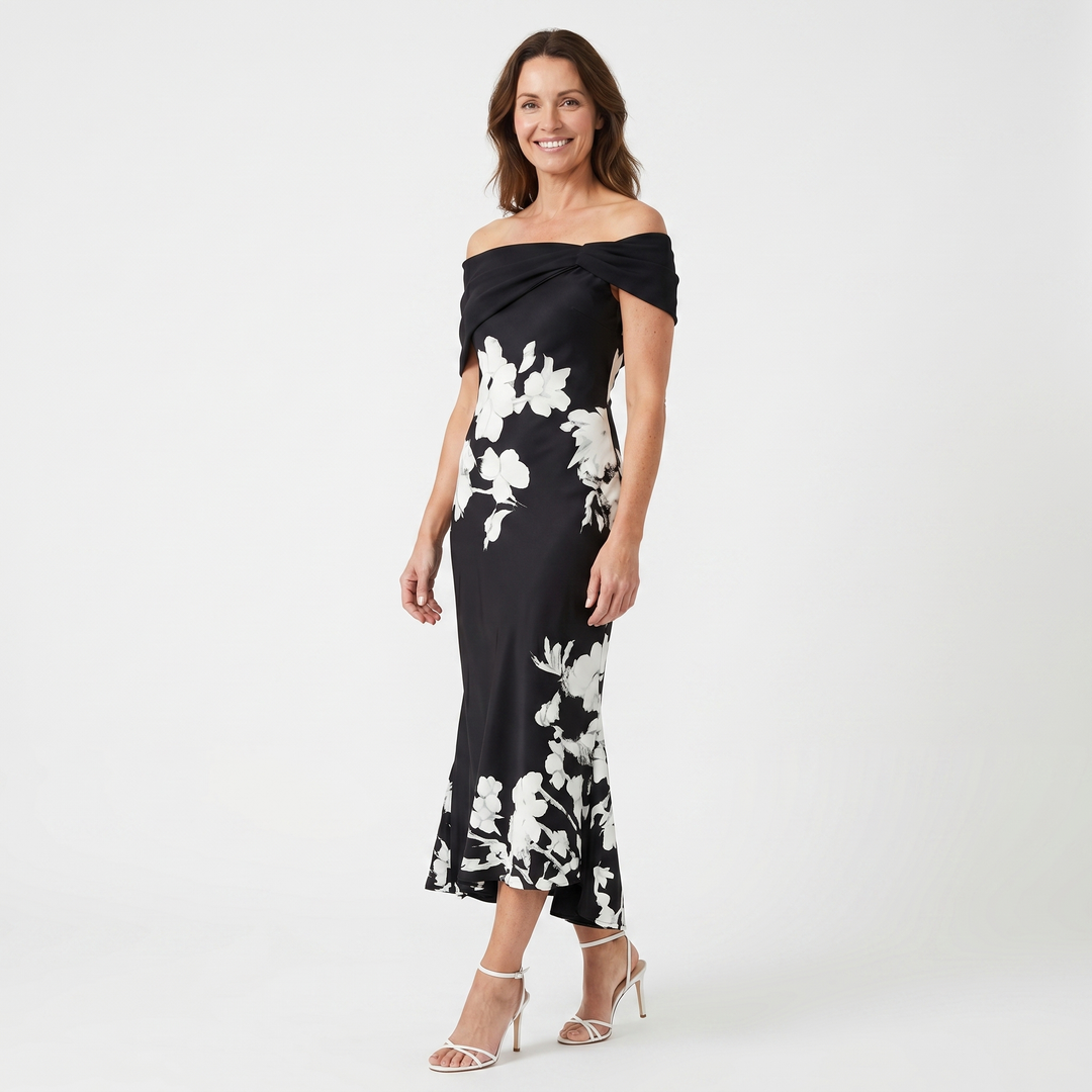 Schulterfreies Satin-Midikleid für Damen