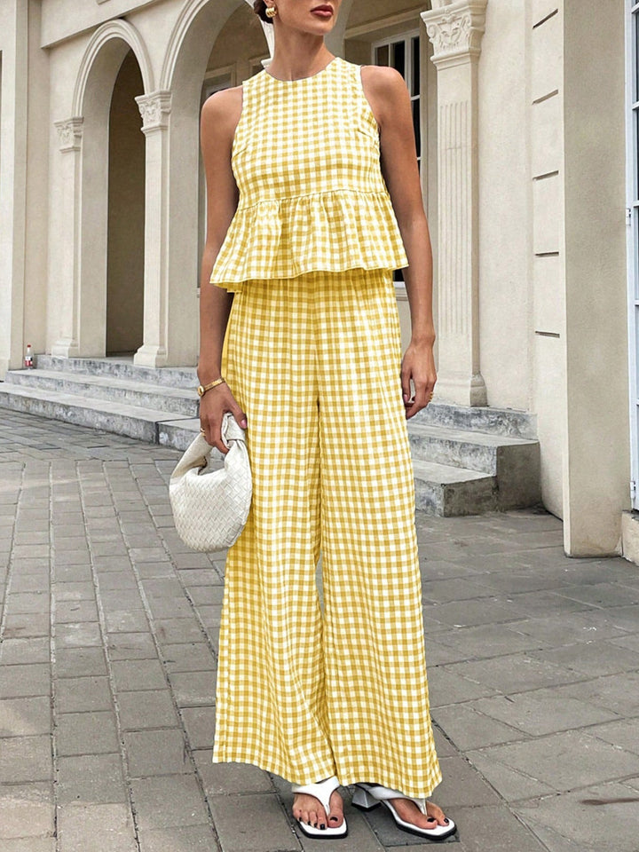 Karo_Aermelloses_Peplum_Top_und_Marlenehose_Set_fuer_Damen_3