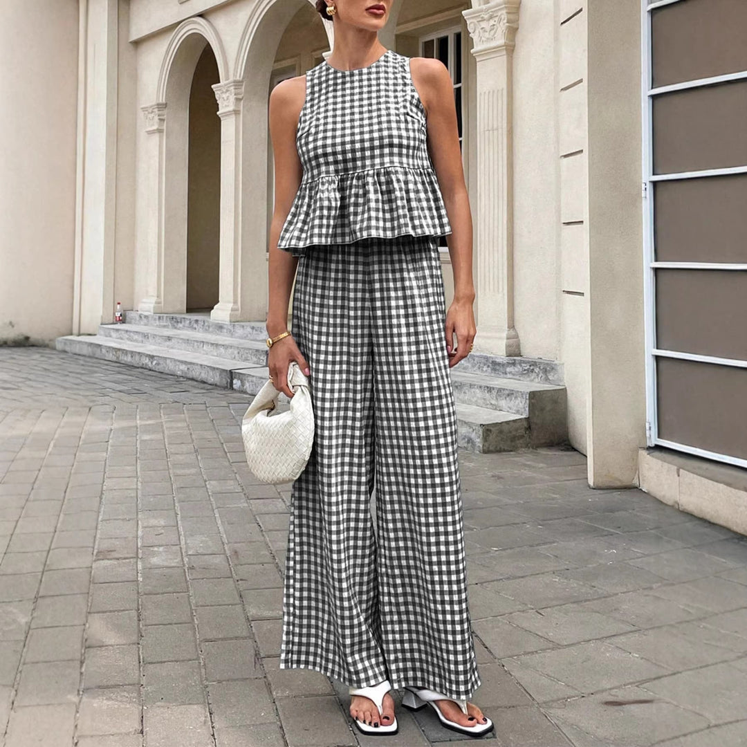 Karo_Aermelloses_Peplum_Top_und_Marlenehose_Set_fuer_Damen_4