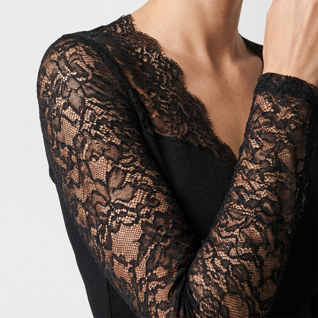 Bodyblusa elegante con scollo a V e maniche lunghe trasparenti da donna