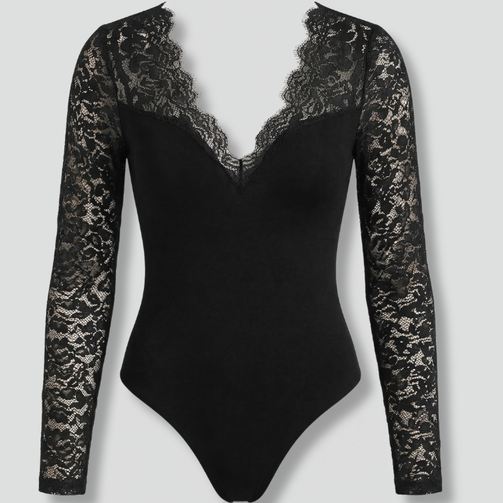 Bodyblusa elegante con scollo a V e maniche lunghe trasparenti da donna