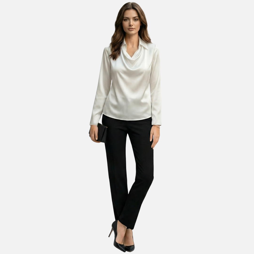 Casual camicetta da donna in raso con scollo a cascata e vestibilità morbida