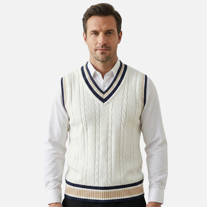 Casual men's cable knit vest with V-neck and ribbed cuffs