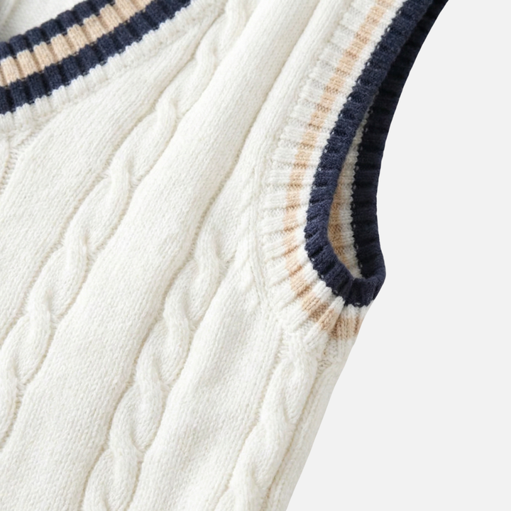 Casual men's cable knit vest with V-neck and ribbed cuffs