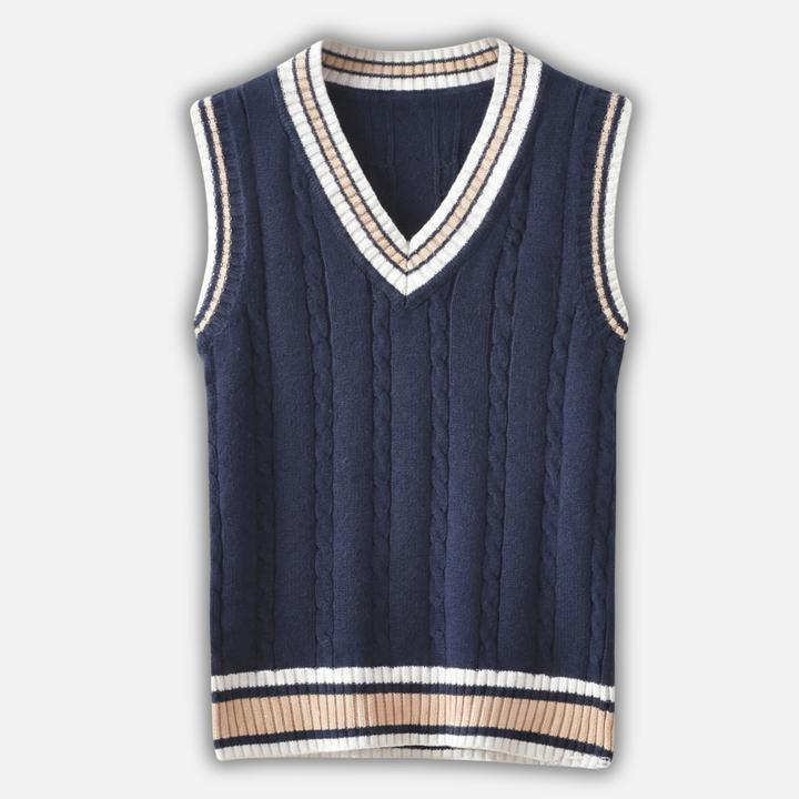 Casual men's cable knit vest with V-neck and ribbed cuffs