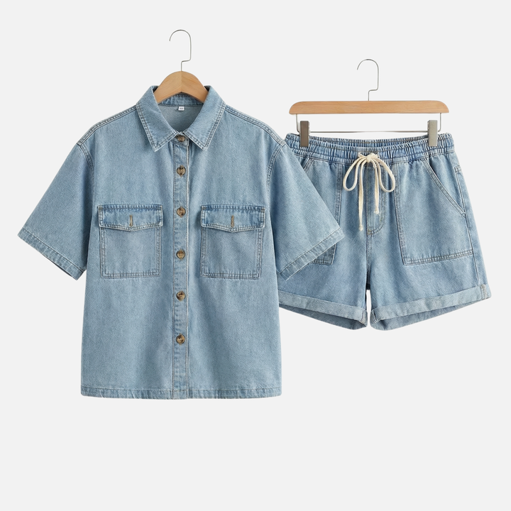 Lässiges Damen-Set aus Jeanshemd und Shorts mit elastischem Bund