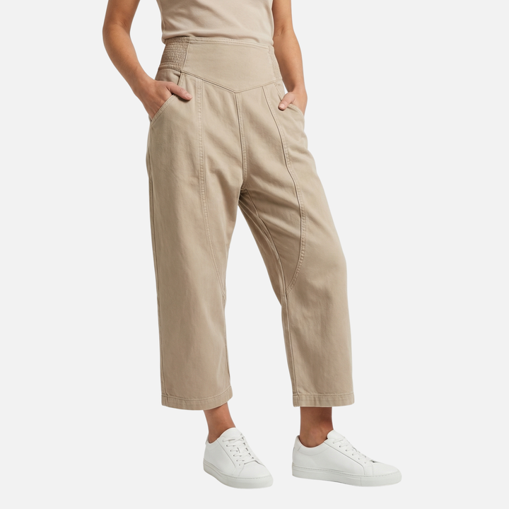 Pantaloni in denim leggero di cotone e lino con gamba ampia e vita elasticizzata per donna