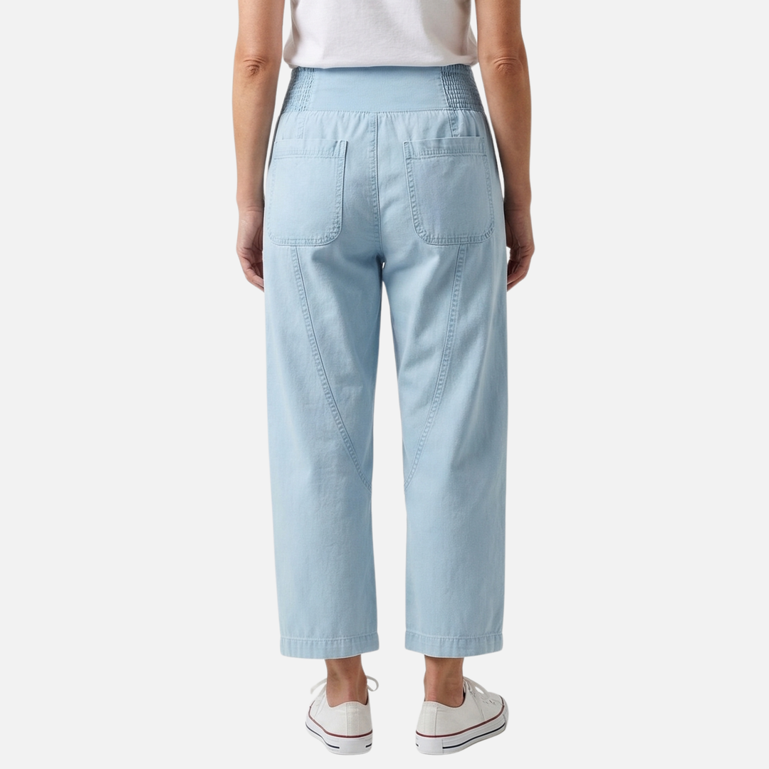 Pantaloni in denim leggero di cotone e lino con gamba ampia e vita elasticizzata per donna