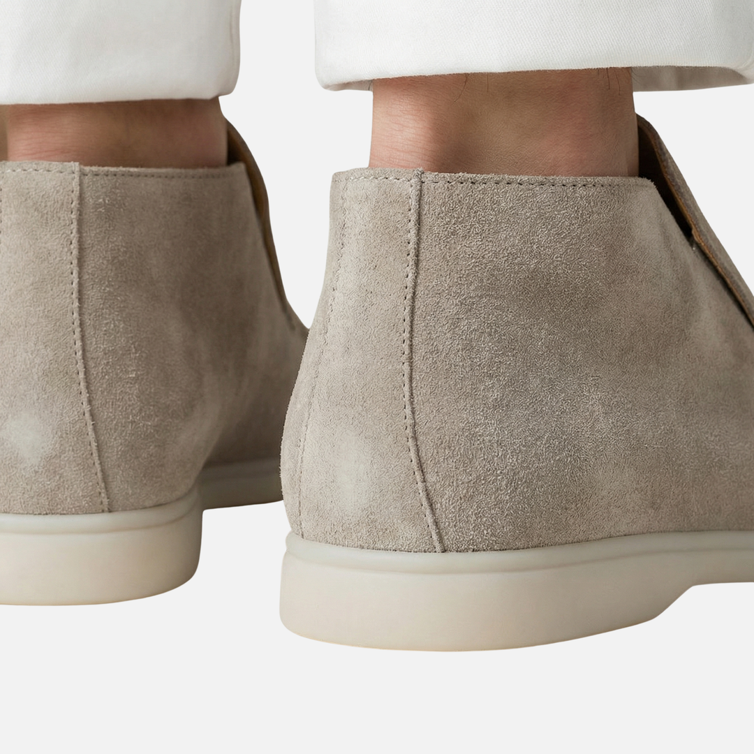 Lightweight men's suede moccasin ankle boots with white sole