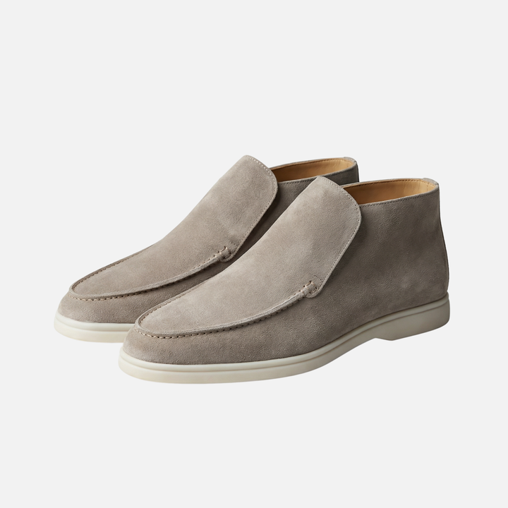 Lightweight men's suede moccasin ankle boots with white sole