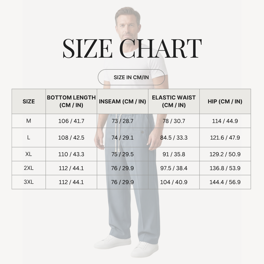 Pantaloni leggeri traspiranti in tessuto con piega e vita regolabile da uomo   size chart