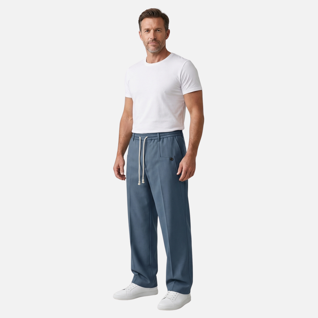Light breathable fabric pants with pleats and adjustable waistband for men