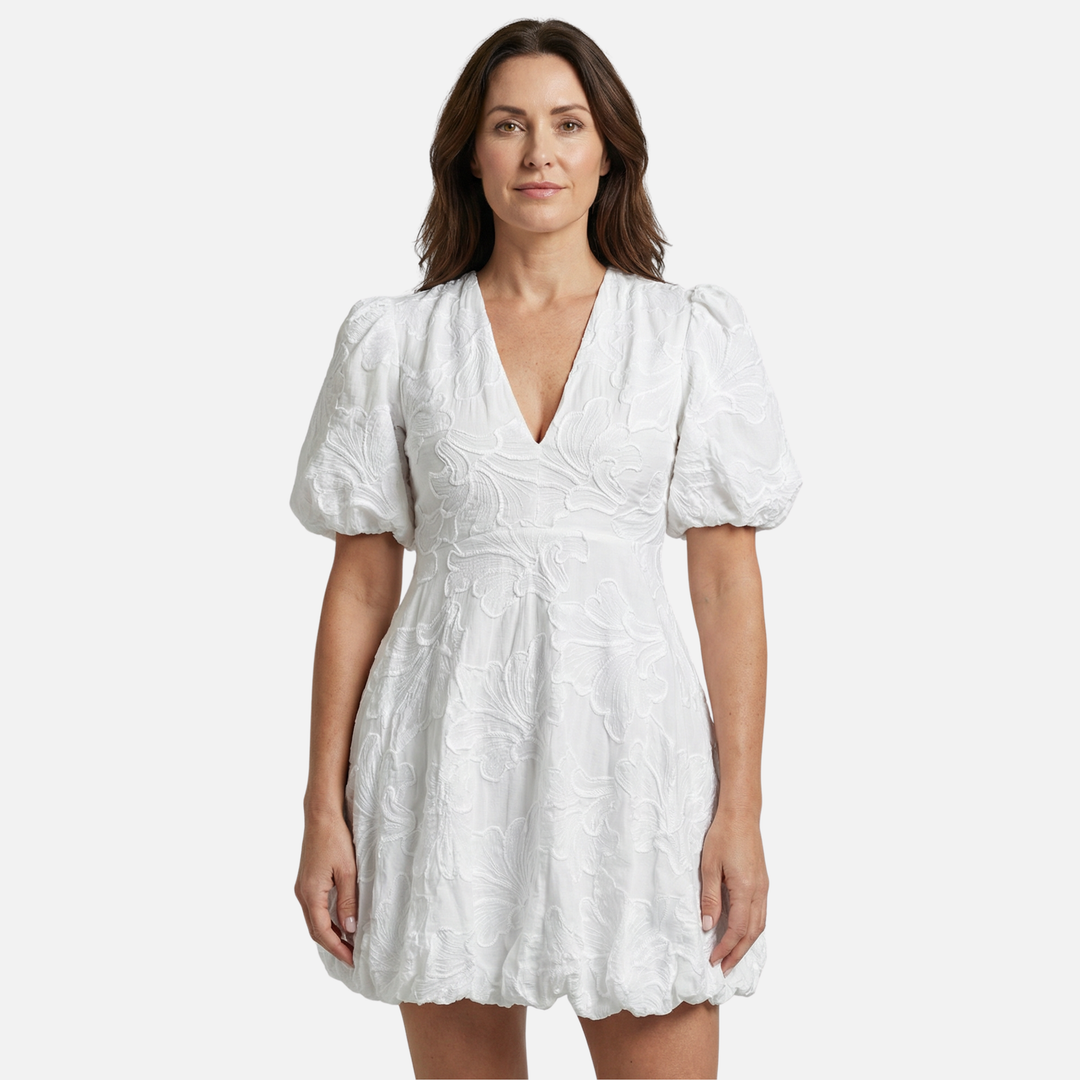 Leichtes Blumen-Jacquard Kleid – Reguläre Passform mit Puffärmeln für Damen