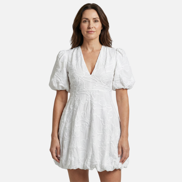 Leichtes Blumen-Jacquard Kleid – Reguläre Passform mit Puffärmeln für Damen