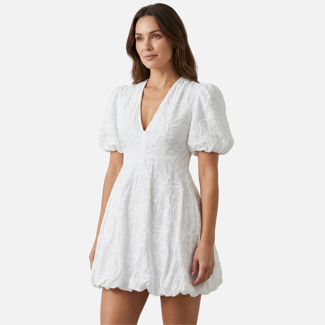 Leichtes Blumen-Jacquard Kleid – Reguläre Passform mit Puffärmeln für Damen