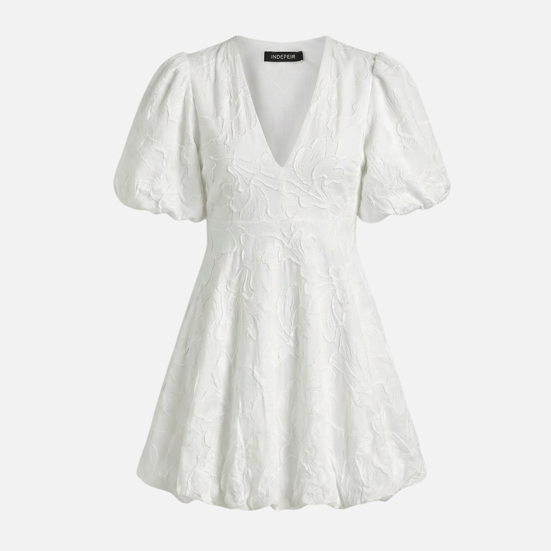 Leichtes Blumen-Jacquard Kleid – Reguläre Passform mit Puffärmeln für Damen