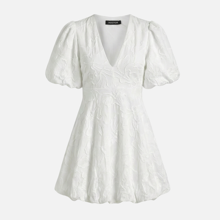 Leichtes Blumen-Jacquard Kleid – Reguläre Passform mit Puffärmeln für Damen