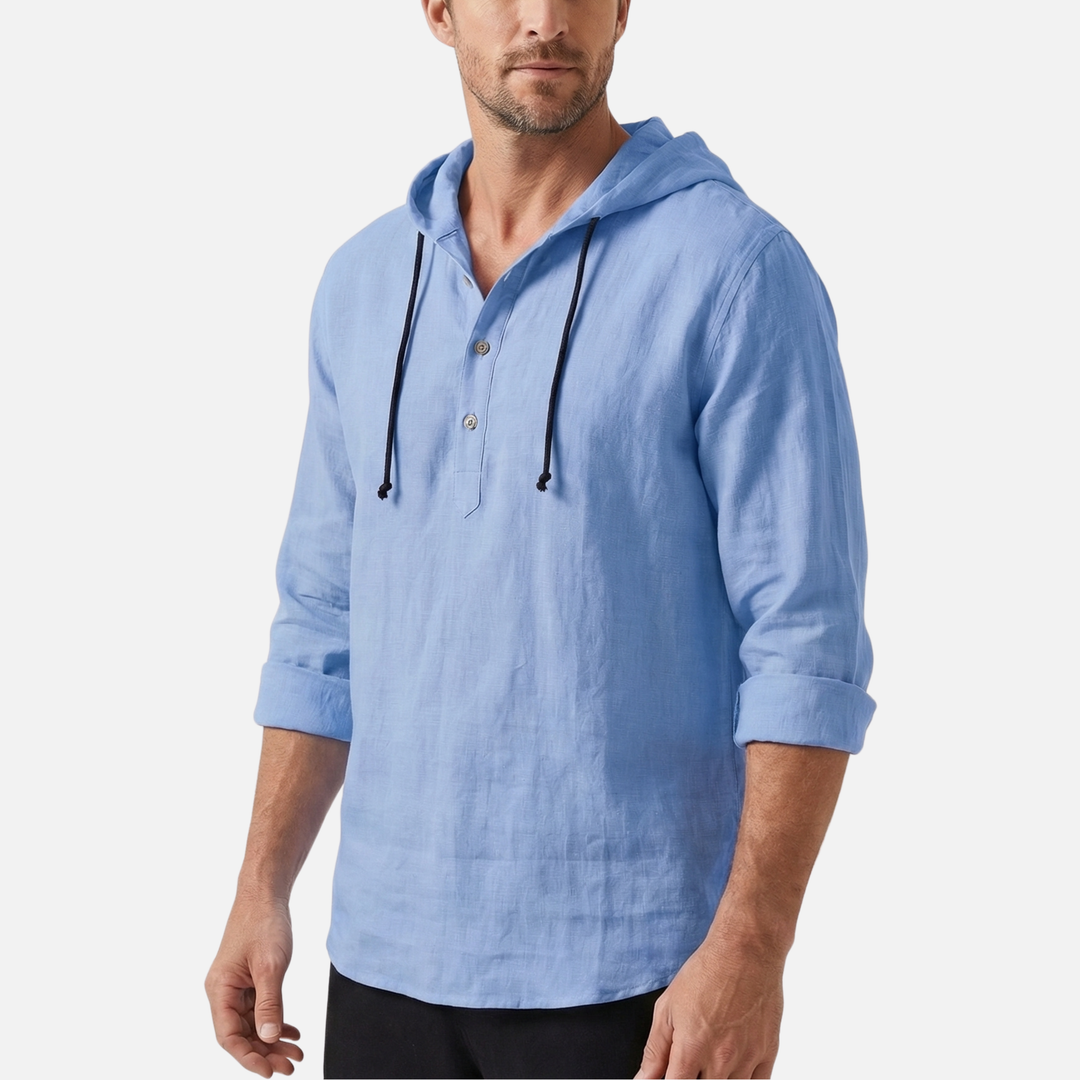 Light casual linen hooded shirt with drawstring for men