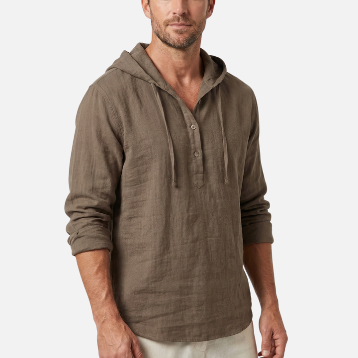 Light casual linen hooded shirt with drawstring for men