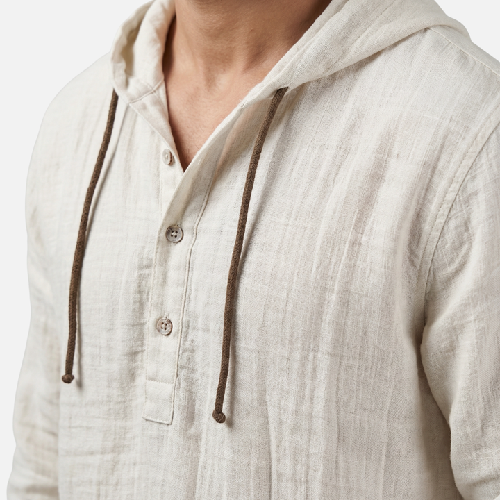 Light casual linen hooded shirt with drawstring for men