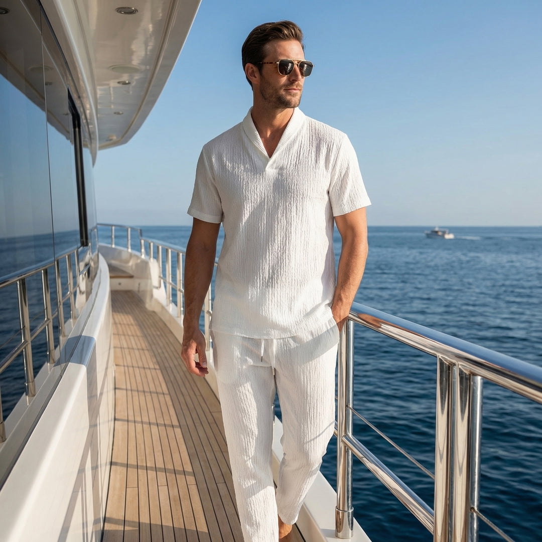 Light Linen Summer Set – Short-Sleeve Shirt & Drawstring Pants for Men