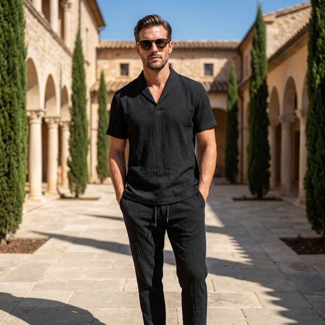 Light Linen Summer Set – Short-Sleeve Shirt & Drawstring Pants for Men