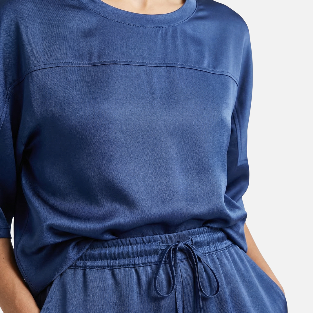 Leichtes Satin Set – Kurzarmbluse und lange Hose für Damen