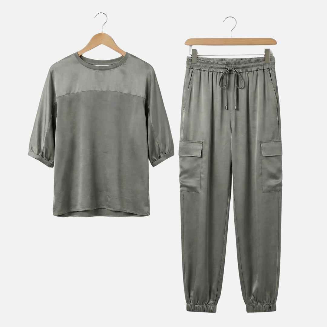 Leichtes Satin Set – Kurzarmbluse und lange Hose für Damen