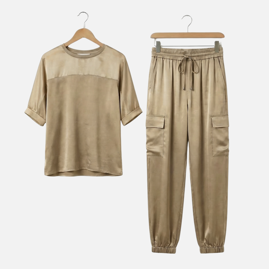Leichtes Satin Set – Kurzarmbluse und lange Hose für Damen