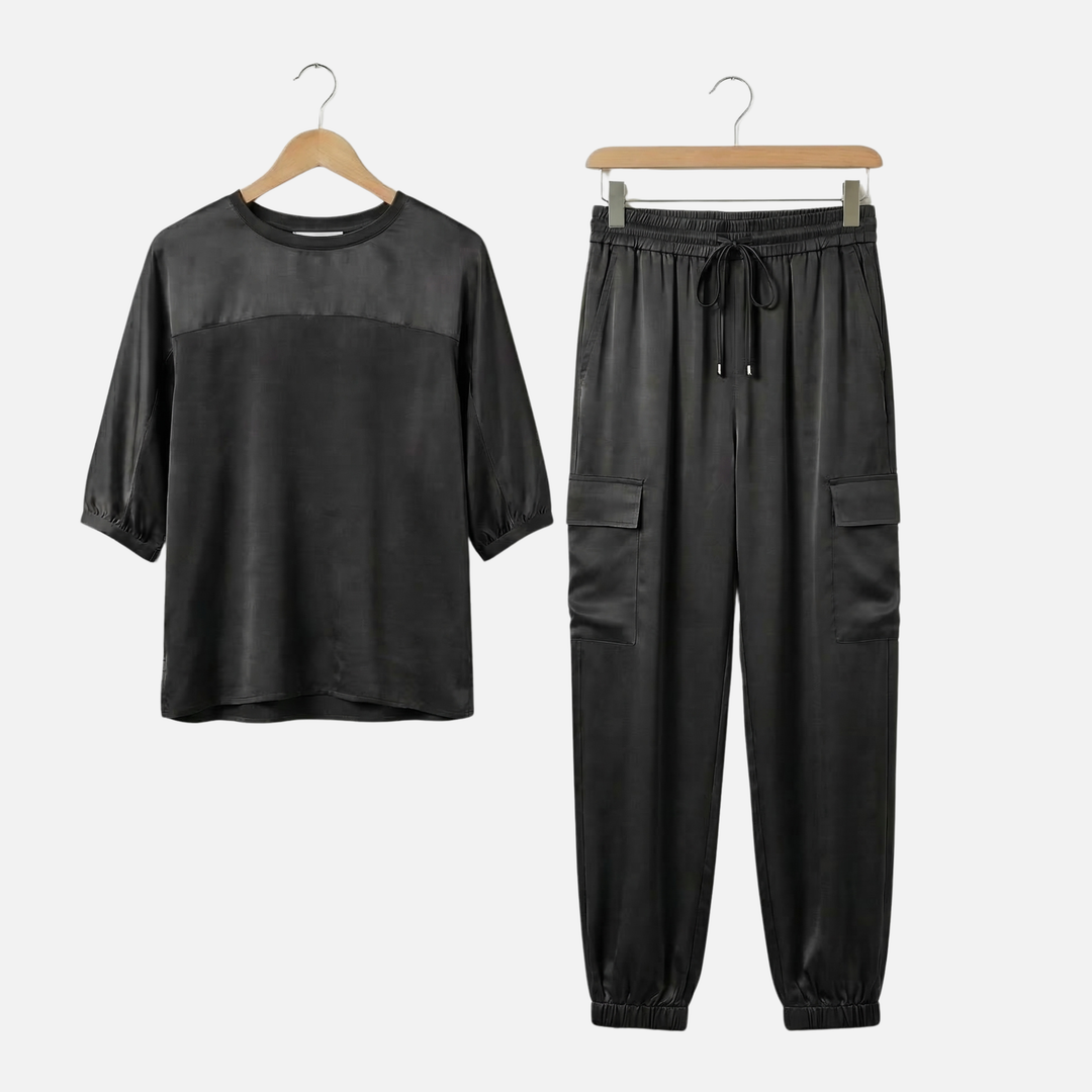 Leichtes Satin Set – Kurzarmbluse und lange Hose für Damen
