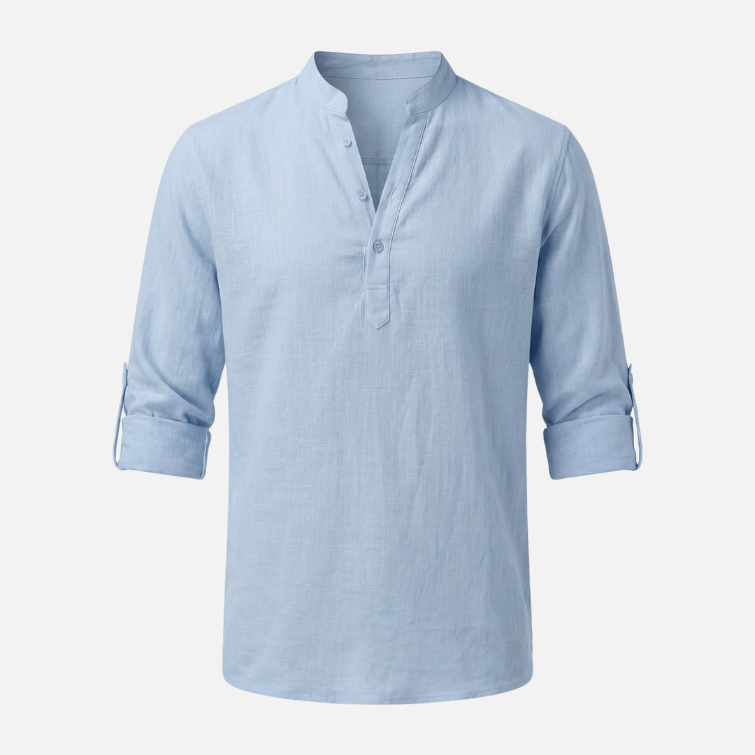 Camicia in lino con scollo Henley e maniche arrotolabili da uomo