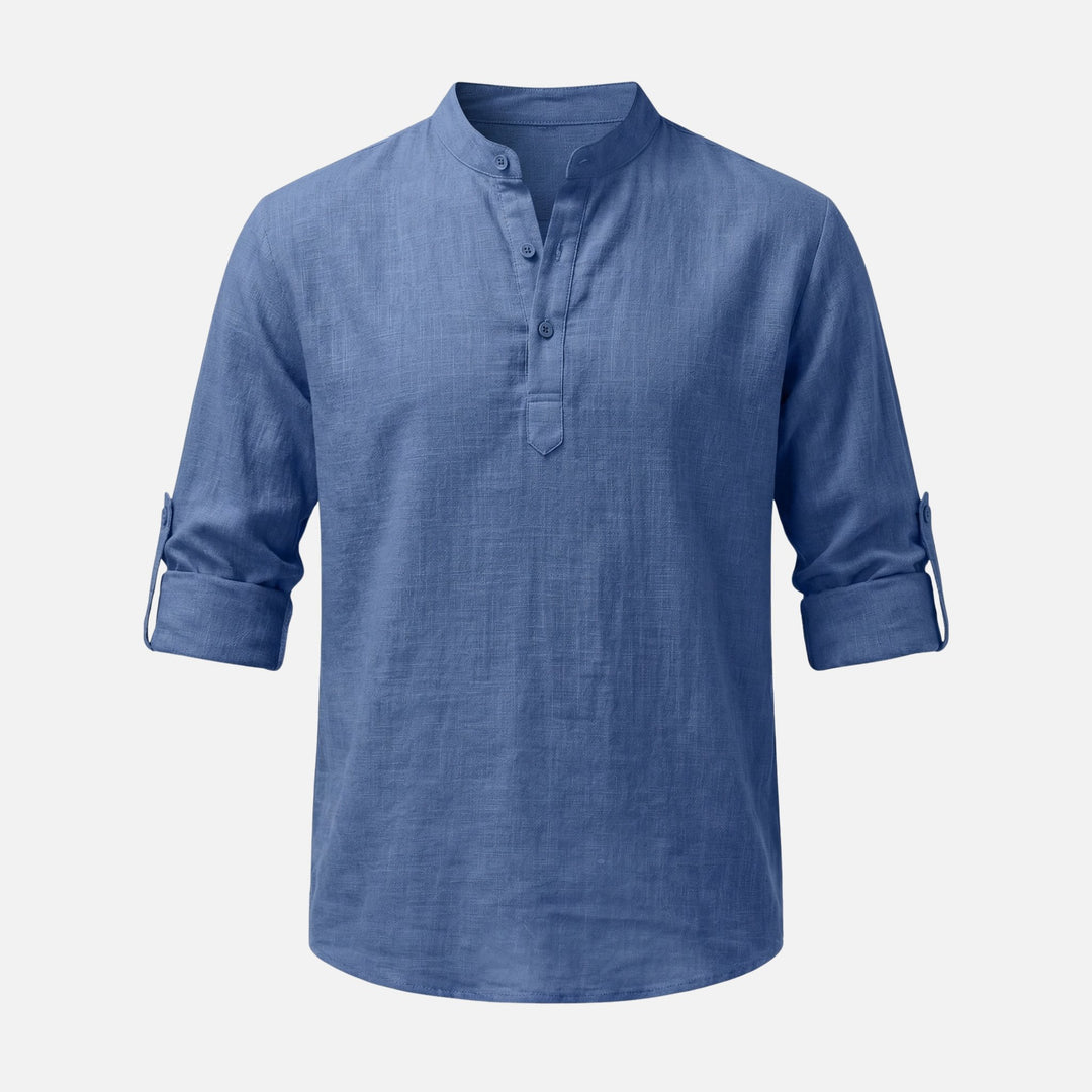 Camicia in lino con scollo Henley e maniche arrotolabili da uomo