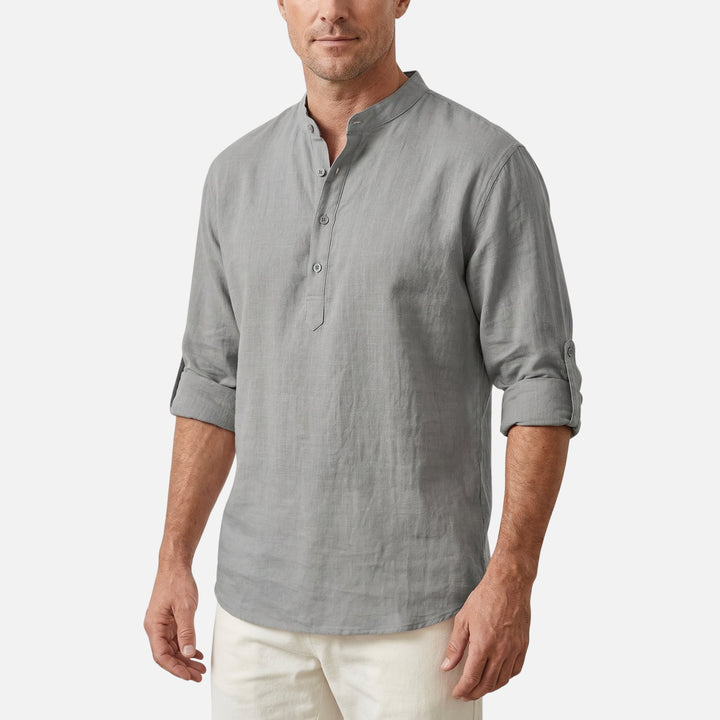 Camicia in lino con scollo Henley e maniche arrotolabili da uomo