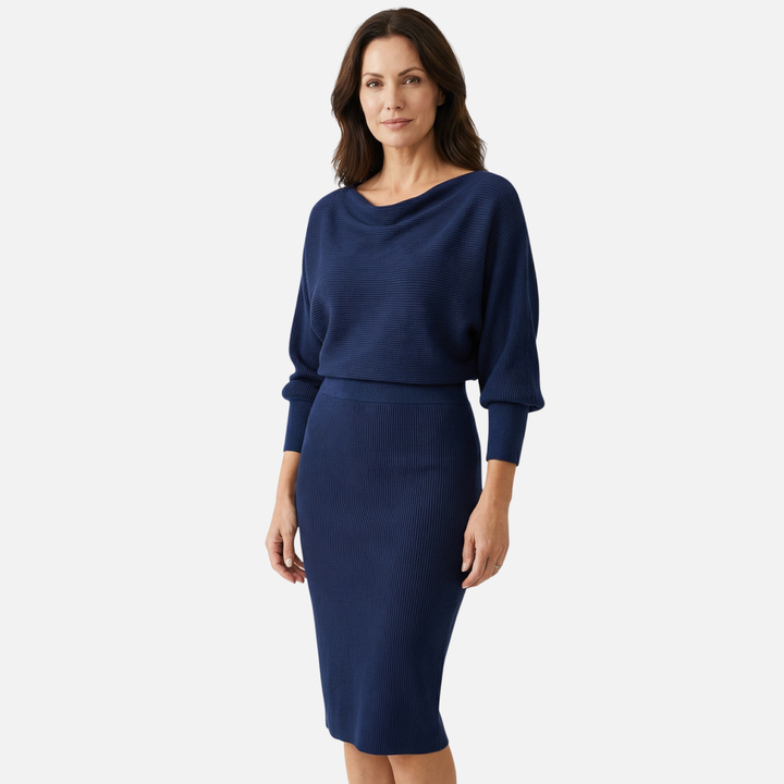 Leichtes Midi-Bleistiftkleid aus Strick mit Wasserfallausschnitt für Damen