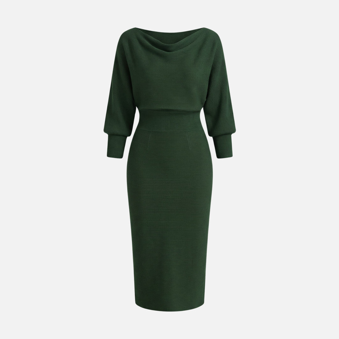 Leichtes Midi-Bleistiftkleid aus Strick mit Wasserfallausschnitt für Damen