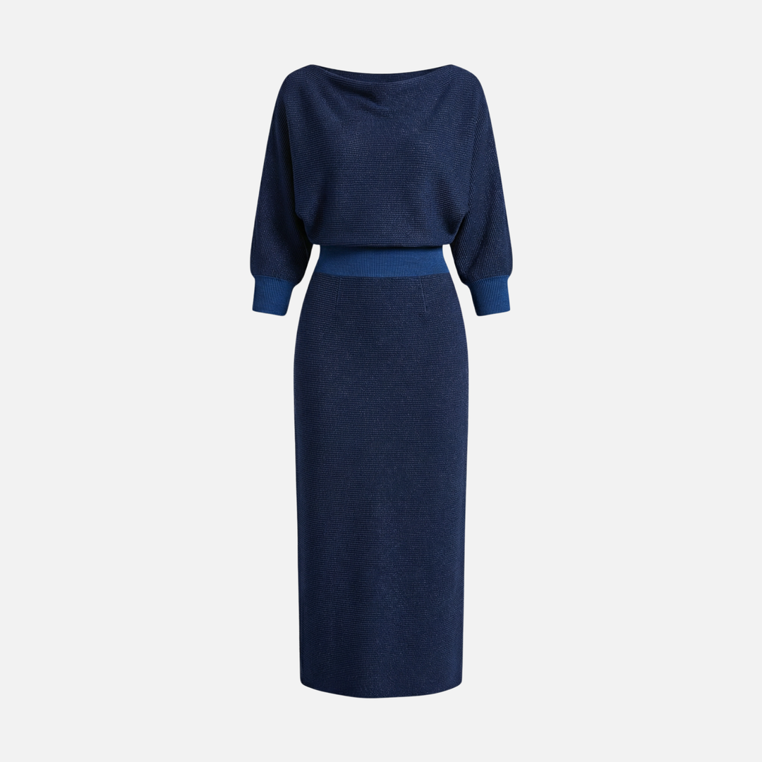 Leichtes Midi-Bleistiftkleid aus Strick mit Wasserfallausschnitt für Damen