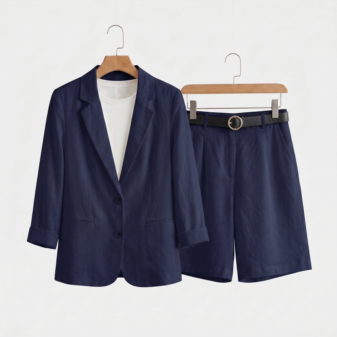 Set estivo casual in lino con blazer e pantaloncini da donna