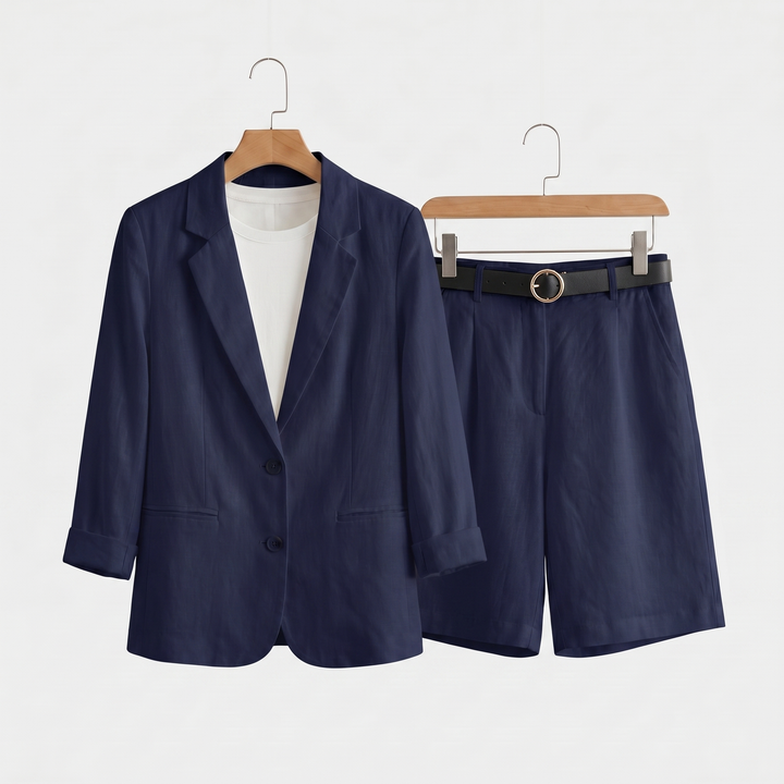Set estivo casual in lino con blazer e pantaloncini da donna