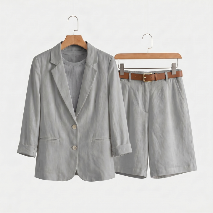 Set estivo casual in lino con blazer e pantaloncini da donna
