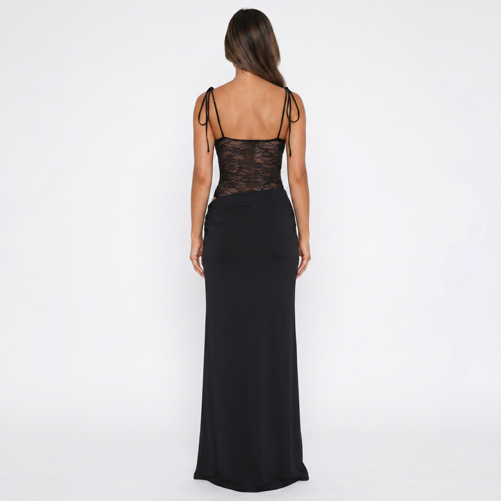 Abito lungo aderente con pizzo, raso e spalline regolabili da donna