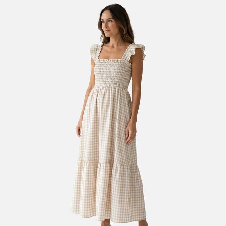 Vestido maxi de algodón con estampado a cuadros para mujer