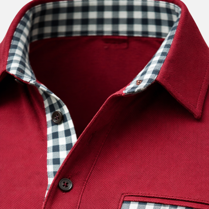 Long Sleeve Polo Shirt with Check Collar for Men
