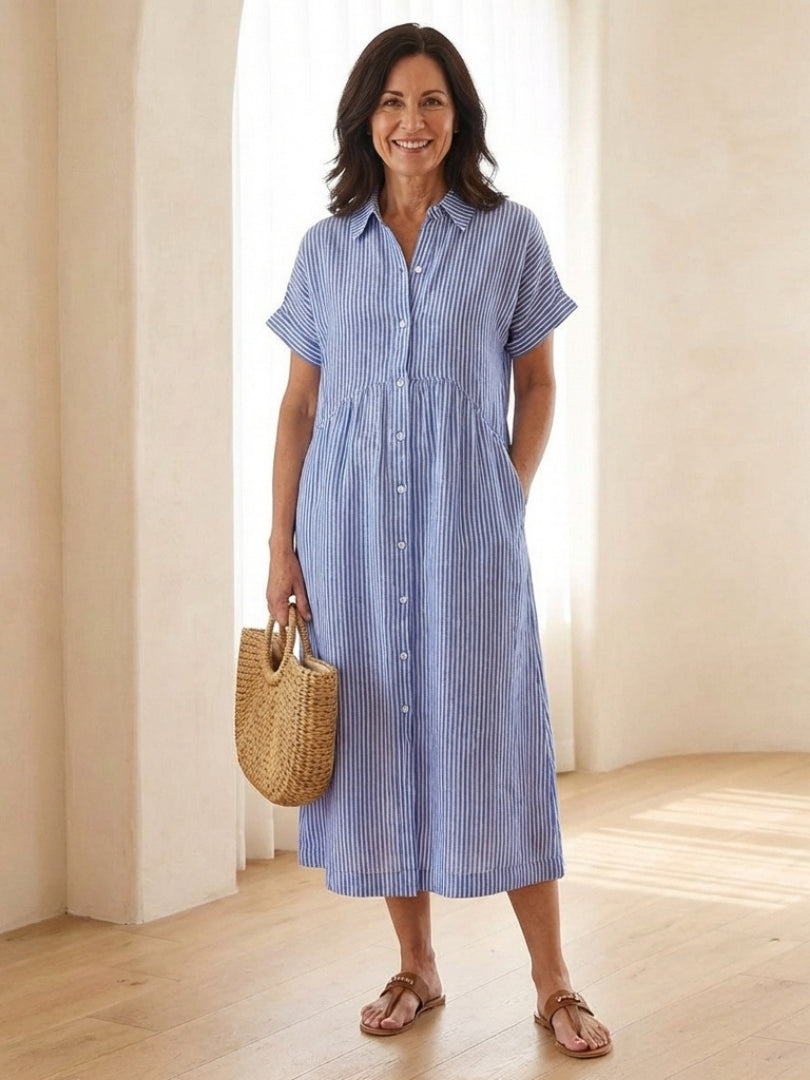 Midikleid_fuer_Damen_Gestreift_mit_Knopfleiste_und_Kurzarm_1