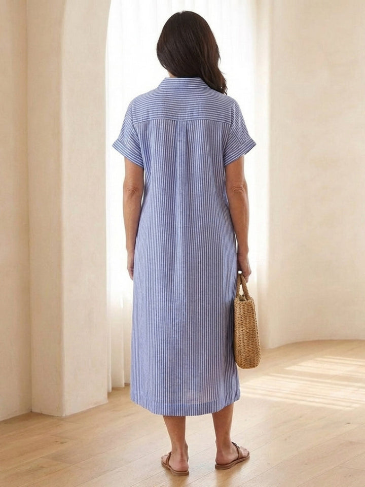 Midikleid_fuer_Damen_Gestreift_mit_Knopfleiste_und_Kurzarm_2