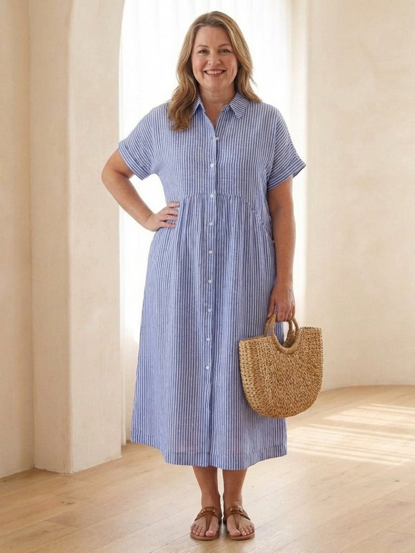 Midikleid_fuer_Damen_Gestreift_mit_Knopfleiste_und_Kurzarm_3