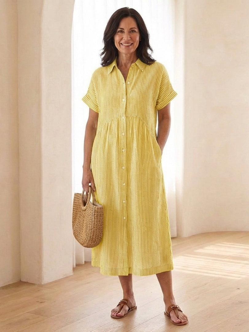 Midikleid_fuer_Damen_Gestreift_mit_Knopfleiste_und_Kurzarm_4