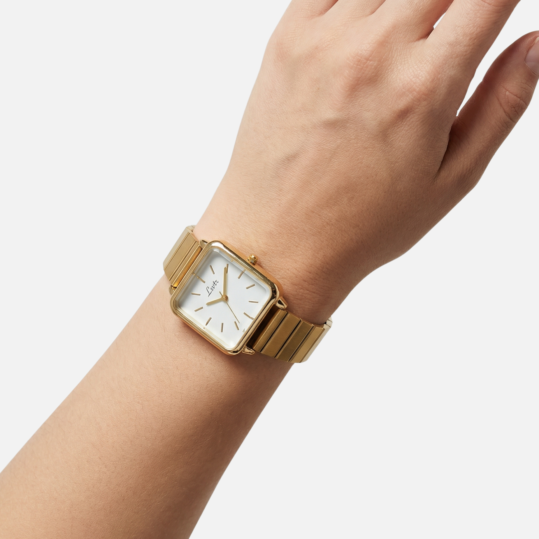 Minimalist gold-tone women's watch with square stainless steel dial
