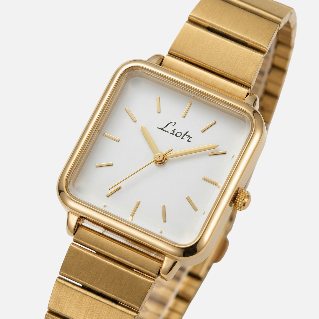 Minimalist gold-tone women's watch with square stainless steel dial
